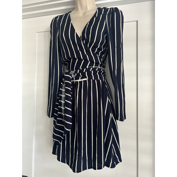 Reformation Zircon in Capone Stripes Long Sleeve Mini Dress Navy Blue Sz 6 - Picture 5 of 8